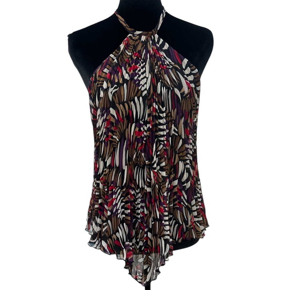 Metropark Womens Small Abstract Leaf Print Pleated Halter Handkerchief Top Brown